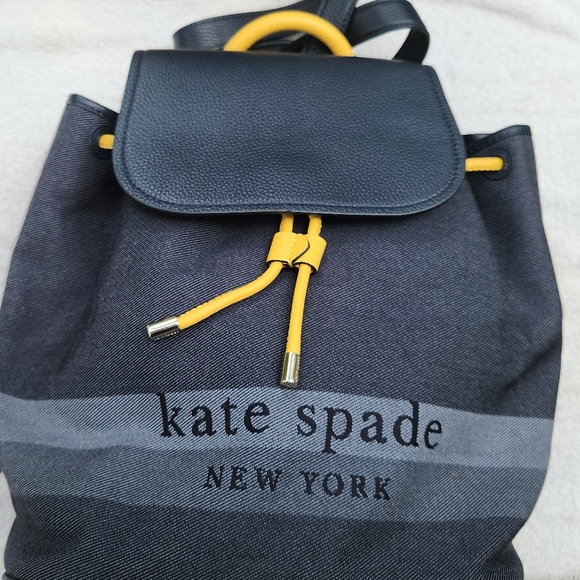 KATE SPADE Leather/Denim Bookbag w/yellow drawstring-vintage one of a kind bag! - Picture 4 of 5